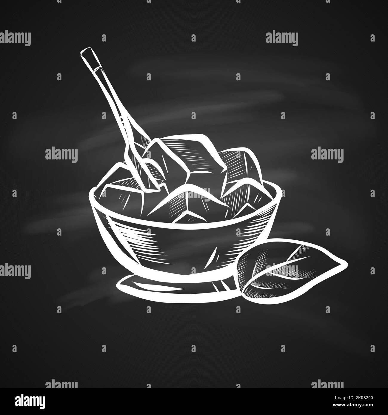 Ilustración de boceto de la hoja de menta y del tazón de hielo. Icono dibujado a mano en la Pizarra Ilustración del Vector