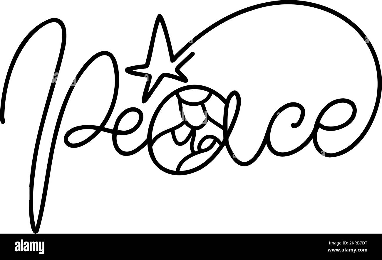 Texto de caligrafía monolina de paz y Navidad Vector Natividad religiosa Escena del bebé Jesús con José y María. Dibujo de líneas de arte minimalista, impresión Ilustración del Vector