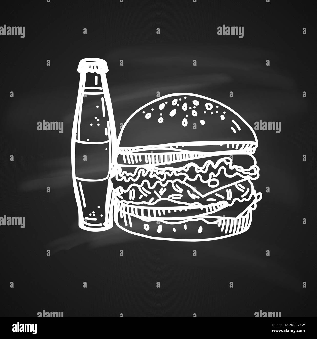 Boceto de tiza dibujado a mano en la pizarra de comida rápida. Sabrosa Cheeseburger con botella de Soda Ilustración del Vector
