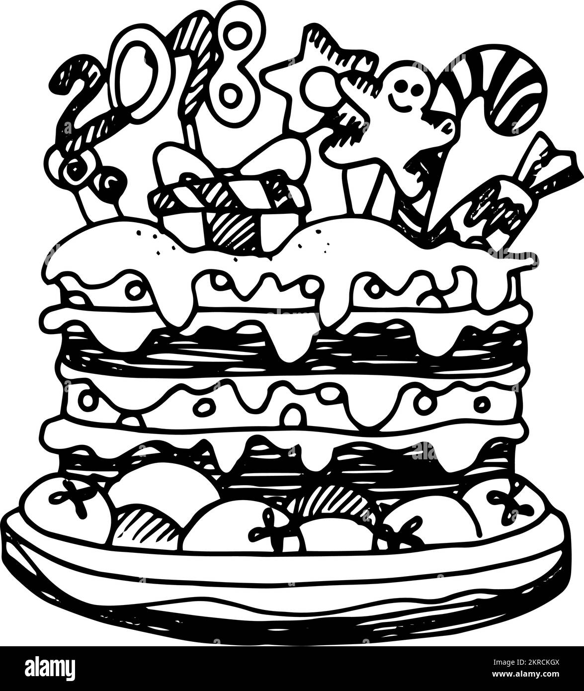 Ilustración del icono del garabato artístico. Dulce pequeña tarta de Navidad. Tarjeta navideña con diseño vintage de año nuevo o invitación en blanco Ilustración del Vector