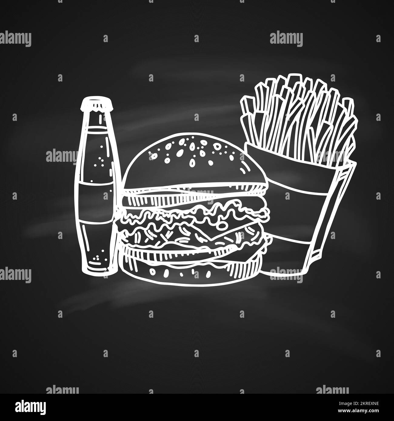 Boceto dibujado a mano en la pizarra de comida rápida. Estilo retro vintage de comida rápida. Elementos para el diseño de la cocina Ilustración del Vector