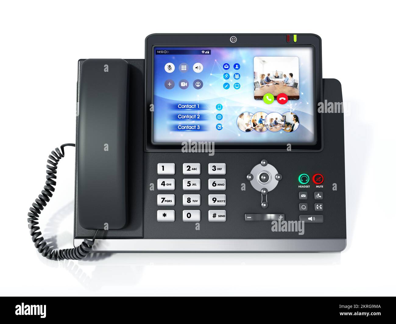 Moderno teléfono VoIP o voz sobre IP con pantalla LED aislada sobre fondo blanco. Ilustración 3D. Foto de stock