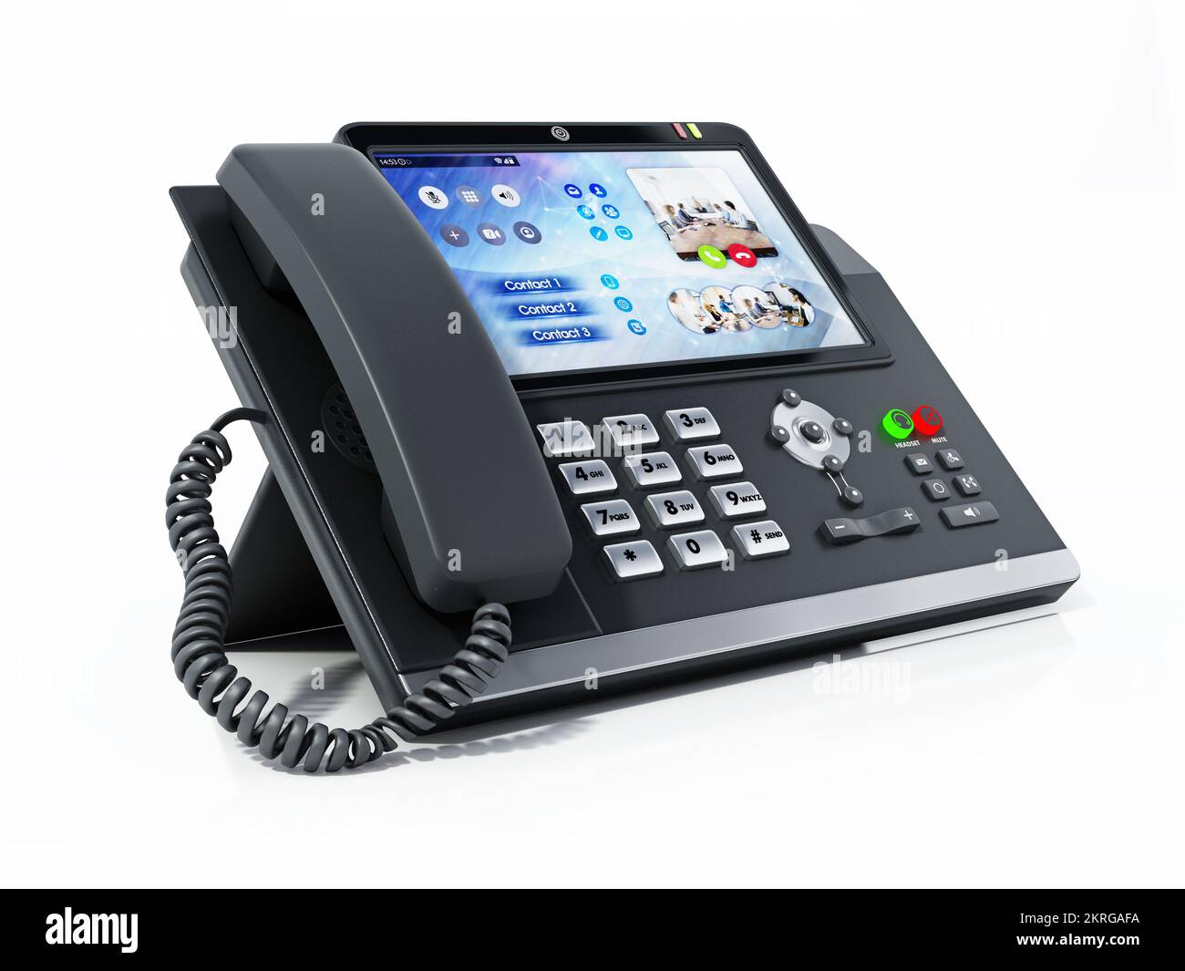 Moderno teléfono VoIP o voz sobre IP con pantalla LED aislada sobre fondo blanco. Ilustración 3D. Foto de stock