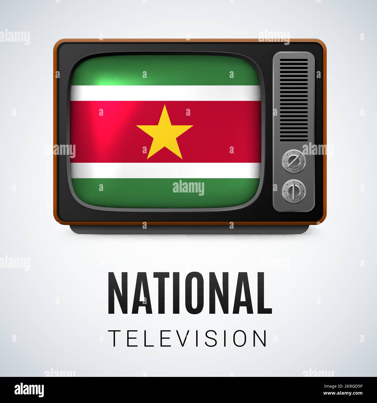 Vintage TV y Bandera de Suriname como símbolo de la televisión nacional. Tele receptor con bandera surinamesa Ilustración del Vector