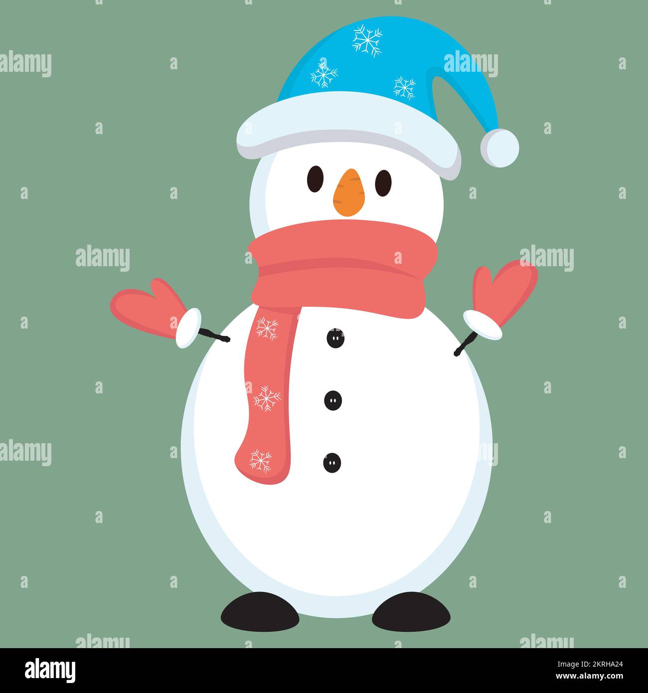 Mono muñeco de nieve con una bufanda roja y sombrero negro cilíndrico  aislado sobre fondo azul. Concepto de invierno y Navidad. Ilustración  vectorial de diseño plano Imagen Vector de stock - Alamy
