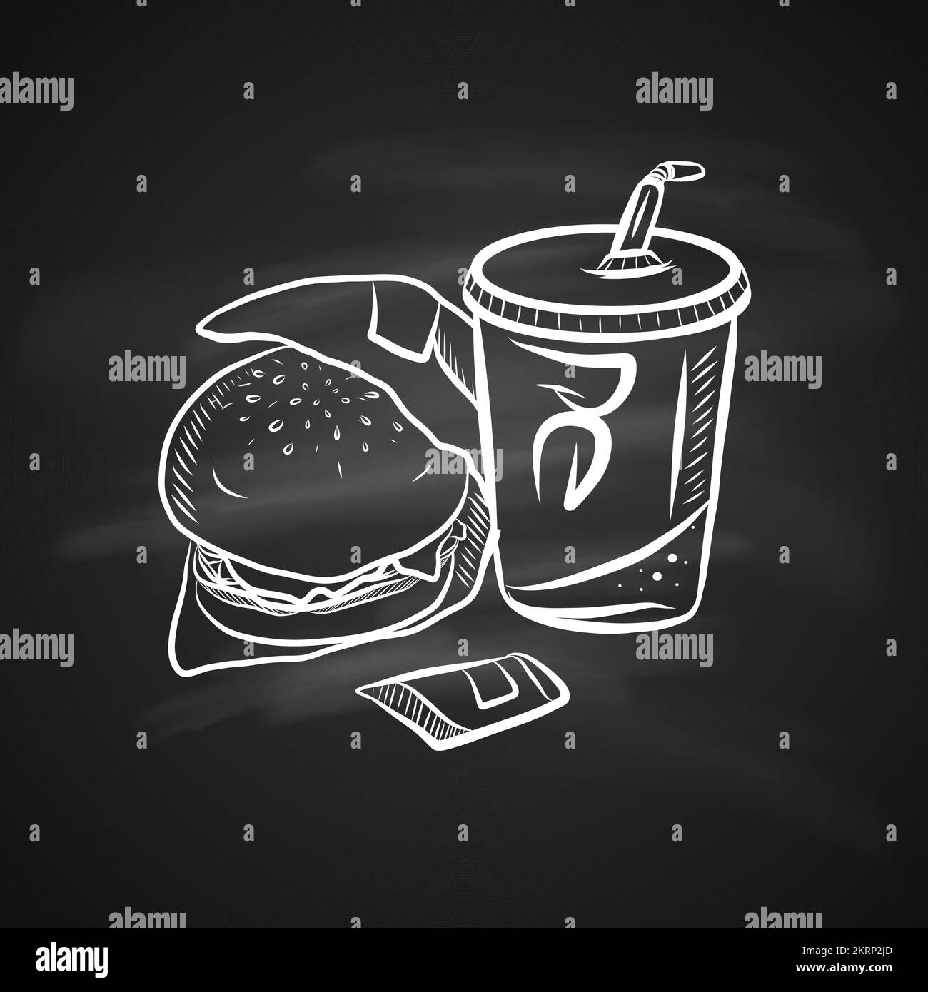 Boceto de tiza dibujado a mano en la pizarra de sabrosa comida rápida. Croquis de selección. Etiqueta Ilustración del Vector