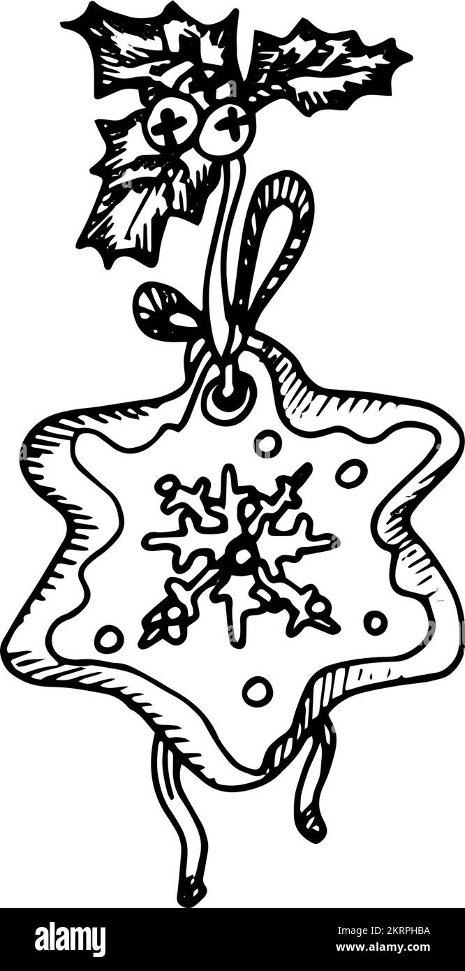 Ilustración del icono del garabato artístico. Galleta de pan de jengibre con forma de estrella de Navidad. Tarjeta navideña con diseño vintage de año nuevo o invitación en blanco Ilustración del Vector