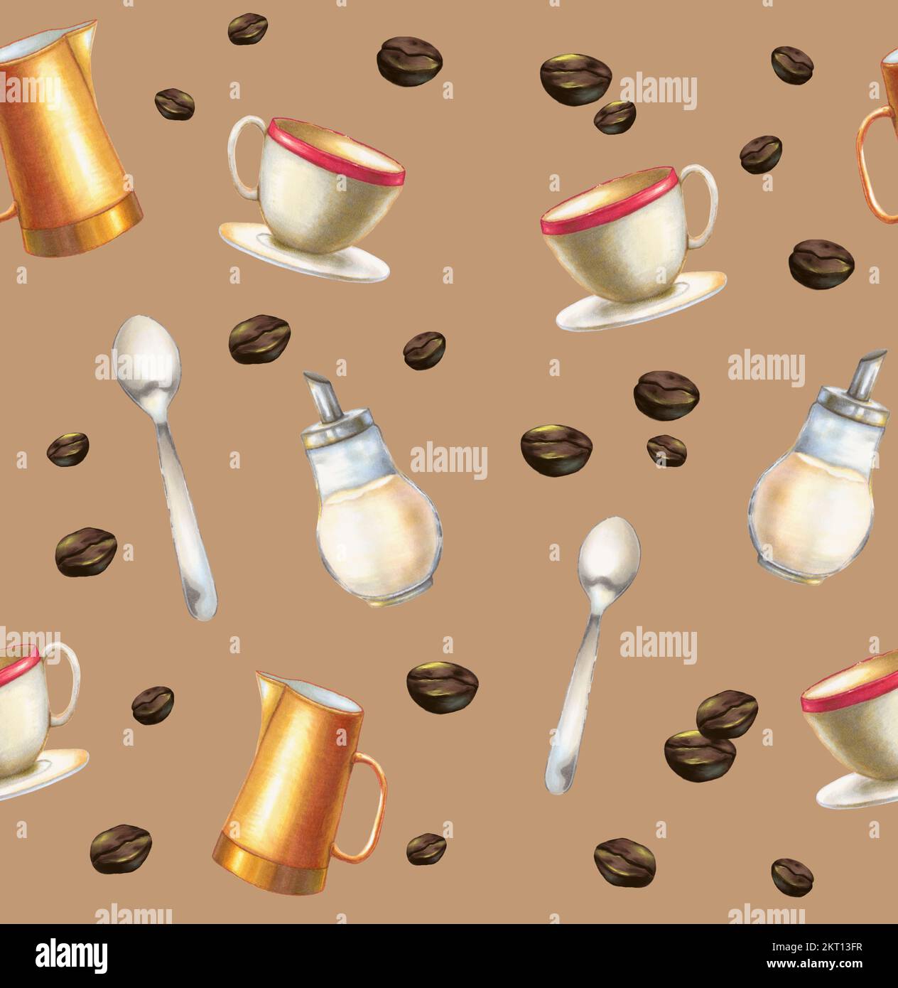 Patrón de café con taza, jarra, cuchara y dispensador de azúcar. Ilustración digital con elementos dibujados a mano. Foto de stock