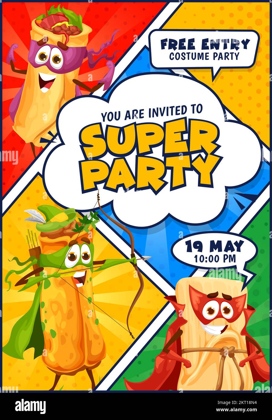Personajes de comida mexicana de dibujos animados de volante de fiesta de  superhéroes. Tarjeta de invitación de vector con divertidos tamales tex  mex, burrito y enchiladas personajes sobre fondo de medio tono