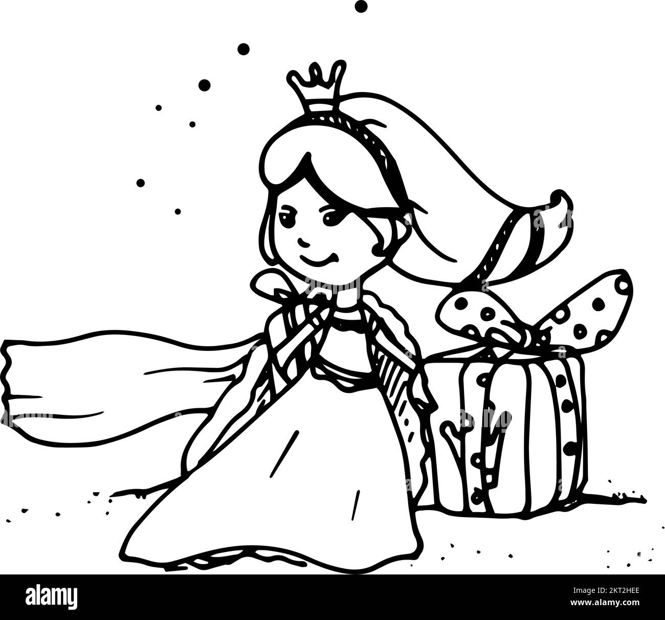 Ilustración del icono del garabato de Navidad artístico. Pretty Little Princess con regalo. Tarjeta navideña con diseño vintage de año nuevo o invitación en blanco Ilustración del Vector