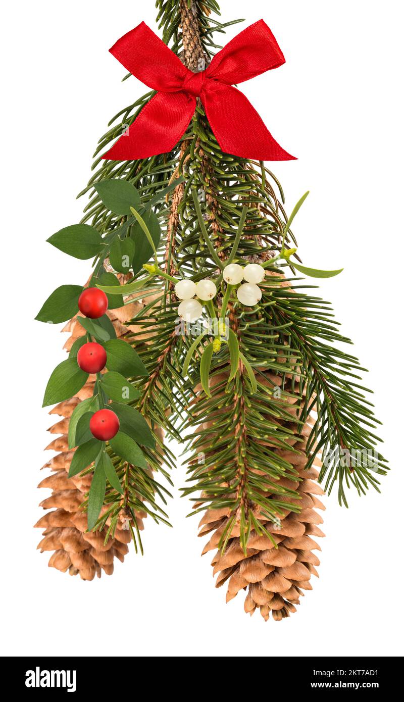 Decoración navideña con ramas de abeto y conos de pino, muérdago y escoba de carnicero aislados sobre fondo blanco Foto de stock