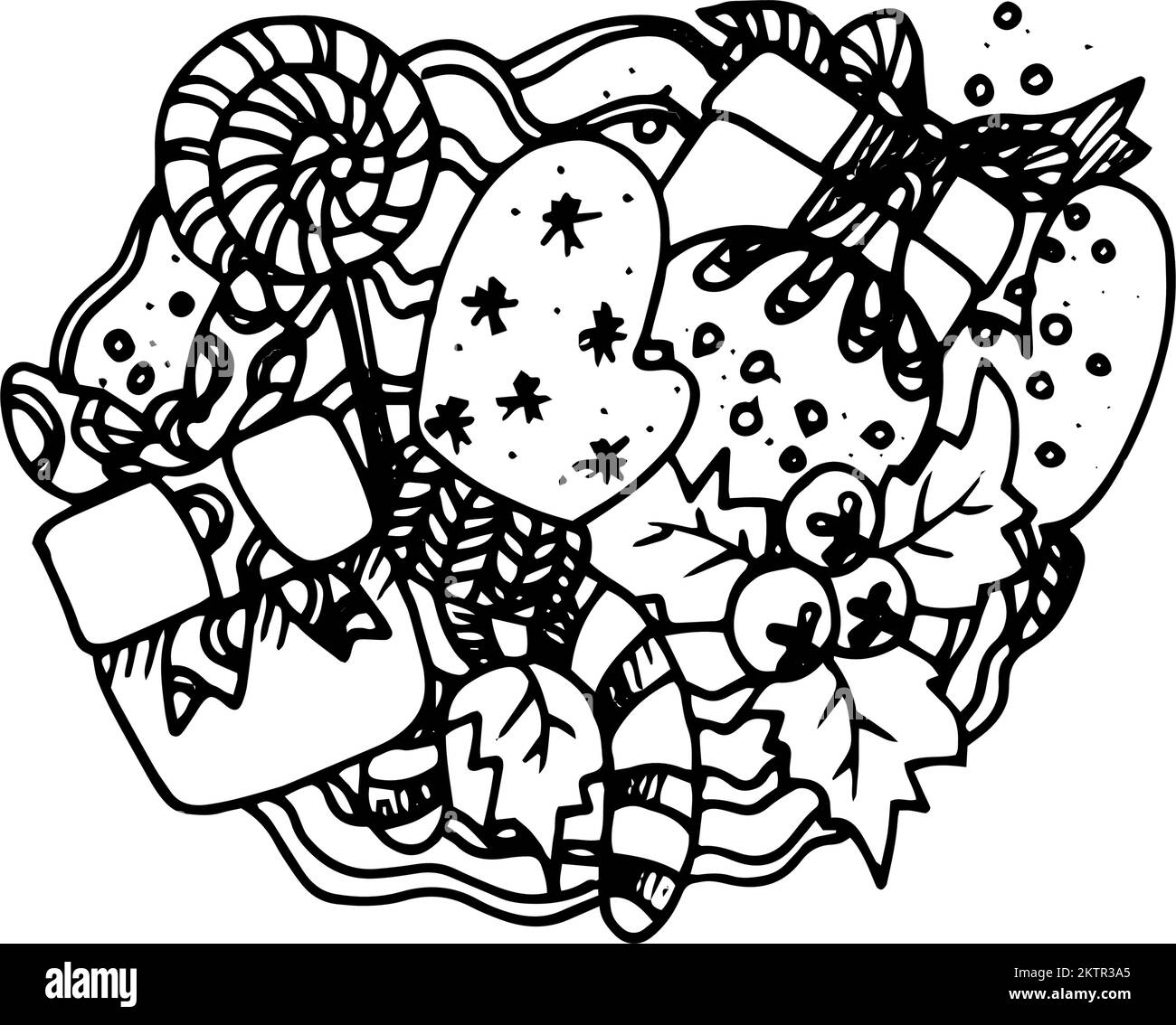 Ilustración del icono del garabato artístico. Regalos de Navidad. Tarjeta navideña con diseño vintage de año nuevo o invitación en blanco Ilustración del Vector