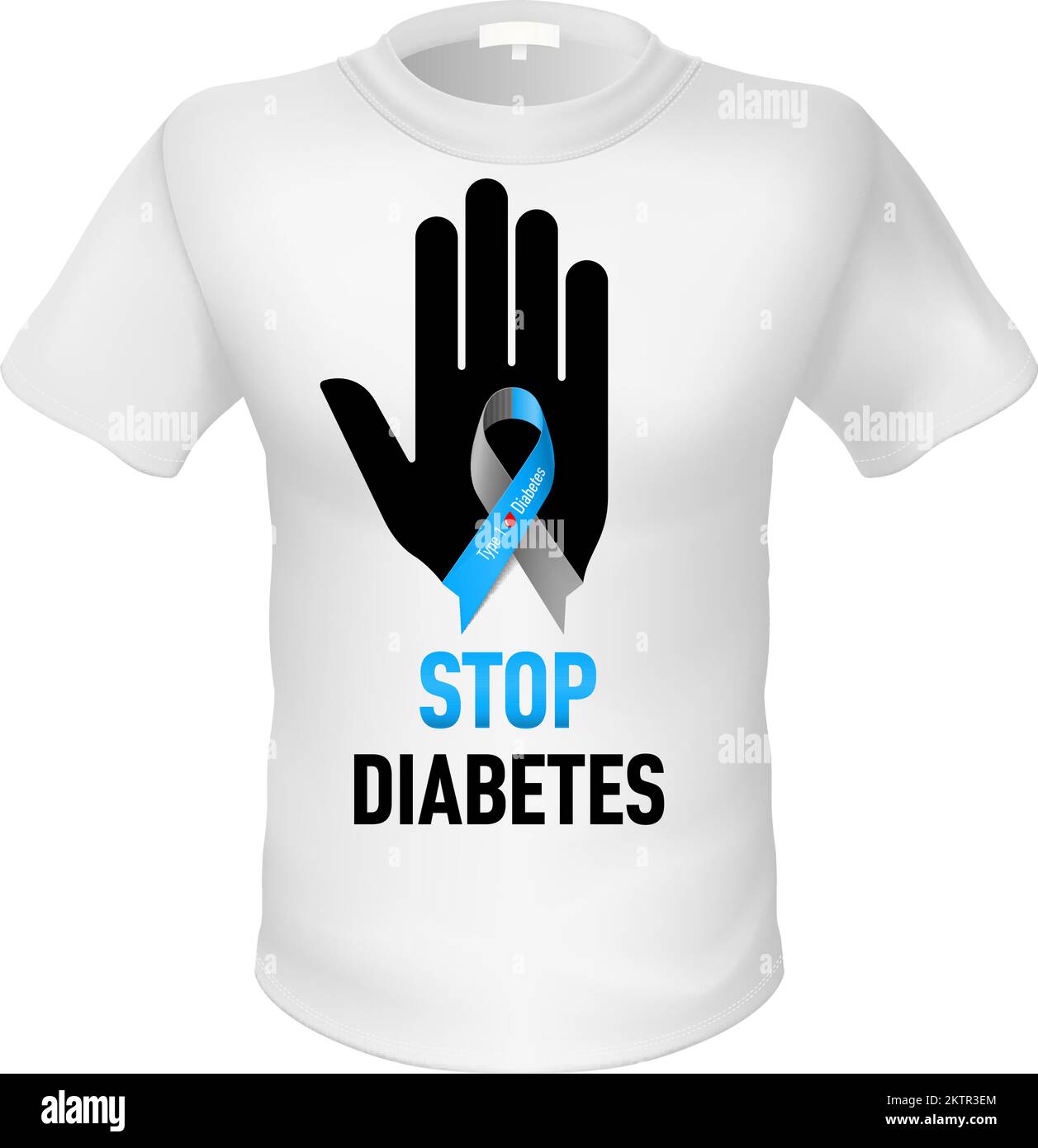 Señal de la diabetes de la parada. Mano negra y cinta con símbolo de gota de sangre en camiseta blanca Ilustración del Vector