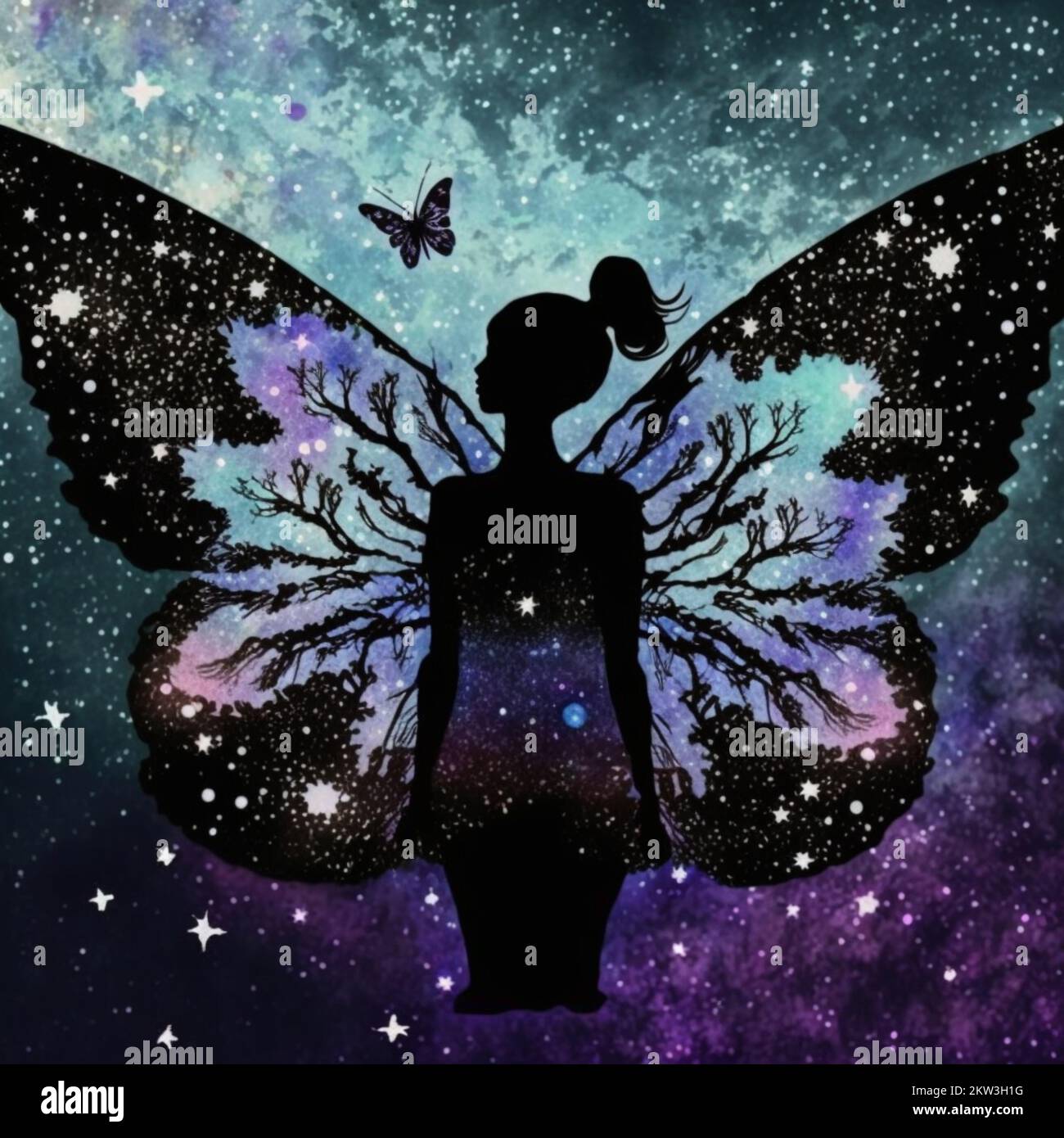 Fairy Silhouttes sobre un fondo de estrellas, alas de mariposa con ramificación filigrana Foto de stock