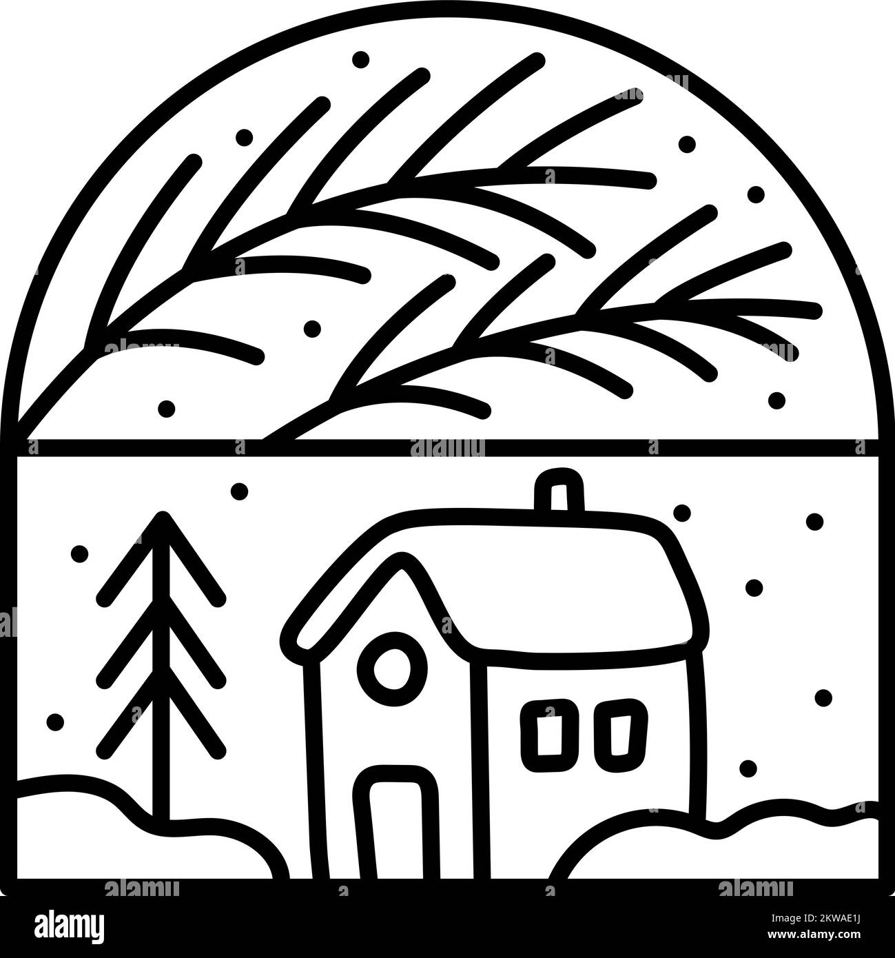Navidad composición ramas y casa de Adviento. Logotipo de constructor vectorial de invierno dibujado a mano en marco semirredondo y rectángulos para tarjeta de felicitación Ilustración del Vector