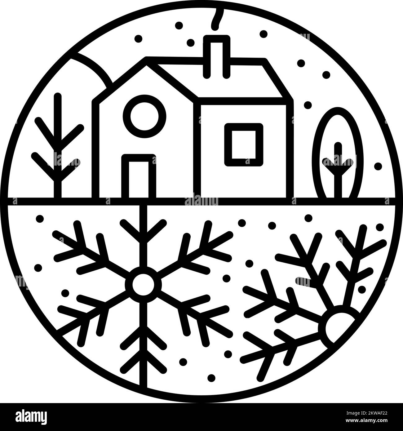 Navidad logo Adviento composición casa, árboles y copos de nieve. Monoline constructor de vectores de invierno dibujado a mano en dos marcos semirredondos para el saludo Ilustración del Vector