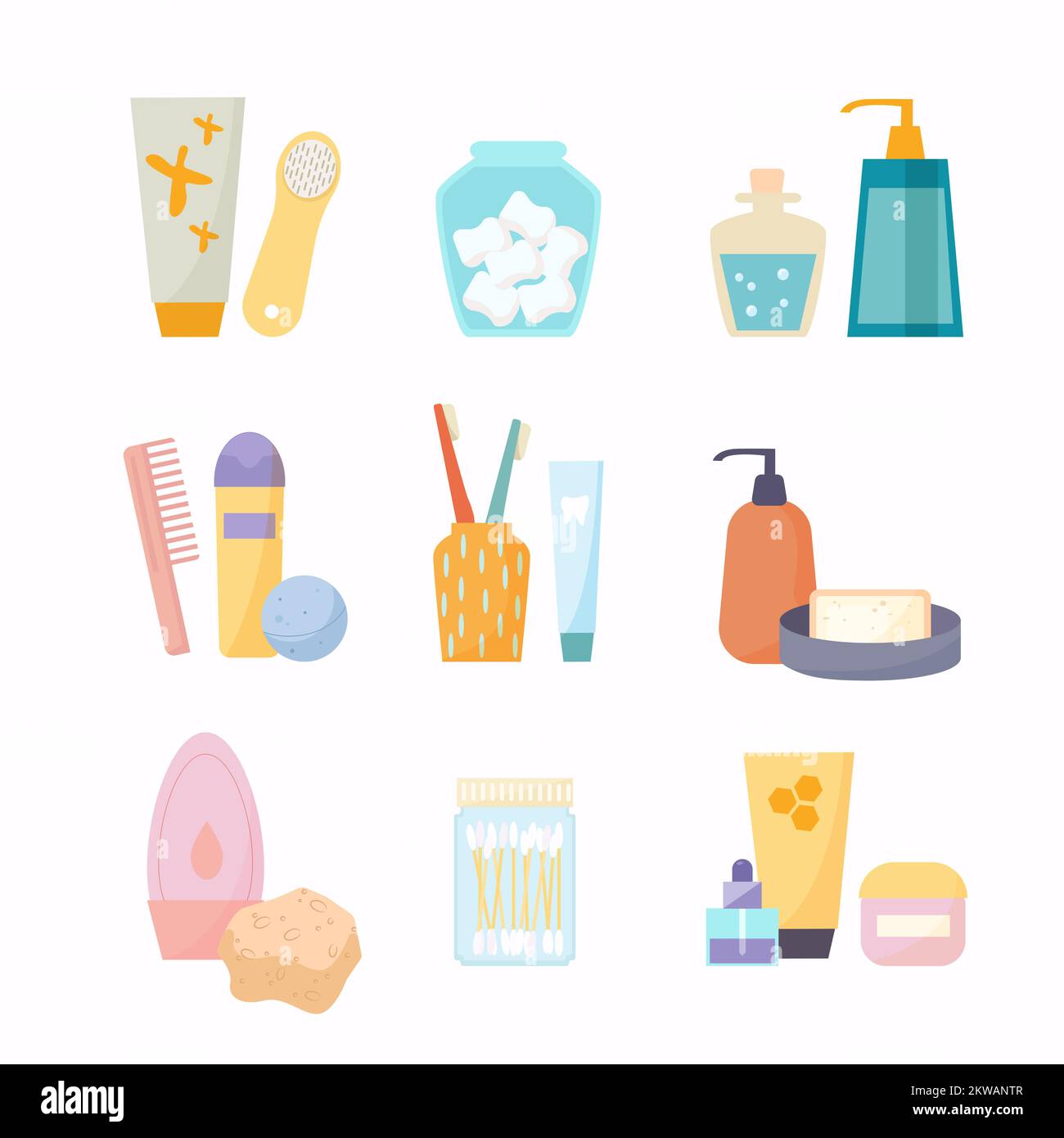 Conjunto de accesorios para baño. Elementos planos de dibujos animados de baño de higiene personal y cuidado corporal diario. Colección de baño con jabón, peine, cepillo de dientes, crema, s. Ilustración del Vector