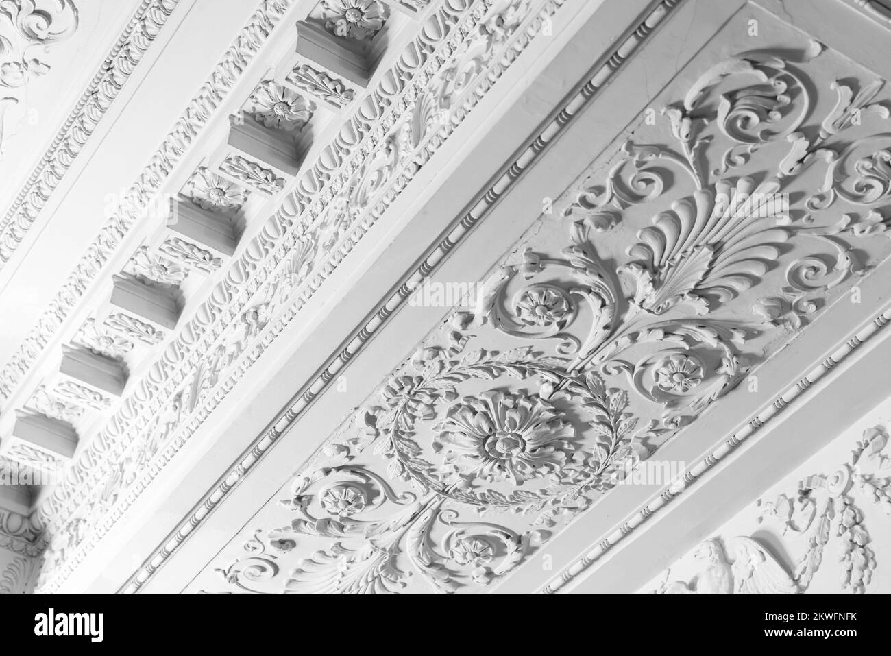 Ronda de alivio de estuco de arcilla molduras decorativas con ornamentos  florales en el techo de color blanco en el interior de estilo clásico  abstracto Fotografía de stock - Alamy