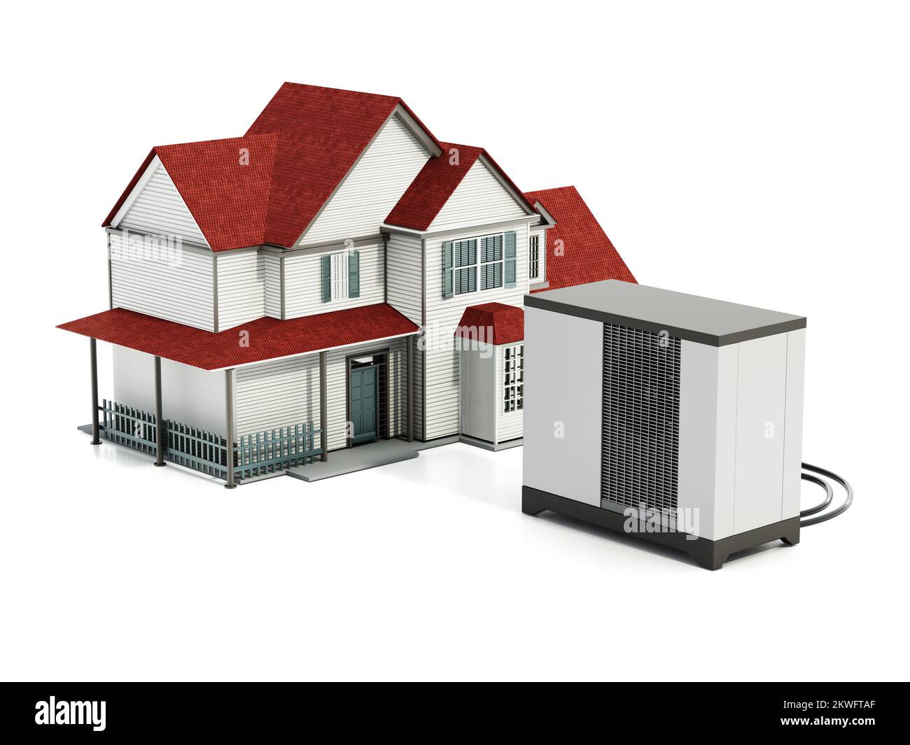 Bomba de calor y casa aisladas sobre fondo blanco. Ilustración 3D. Foto de stock