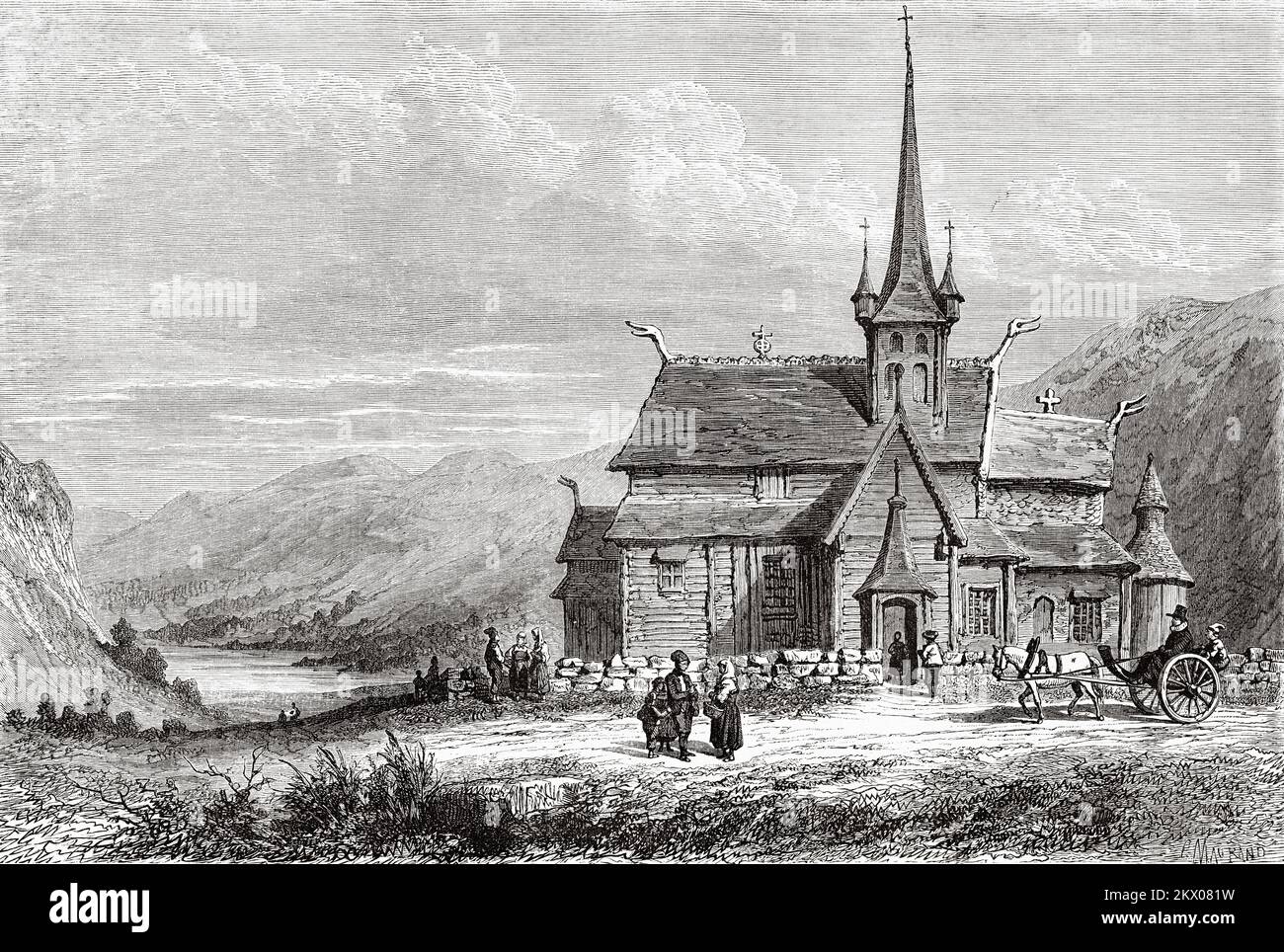 Iglesia de Lom Stave, Lom, Oppland Fylke, Noruega. Escandinavia, Norte de Europa. Viajes en los Estados escandinavos por Saint-Blaise 1856 Foto de stock