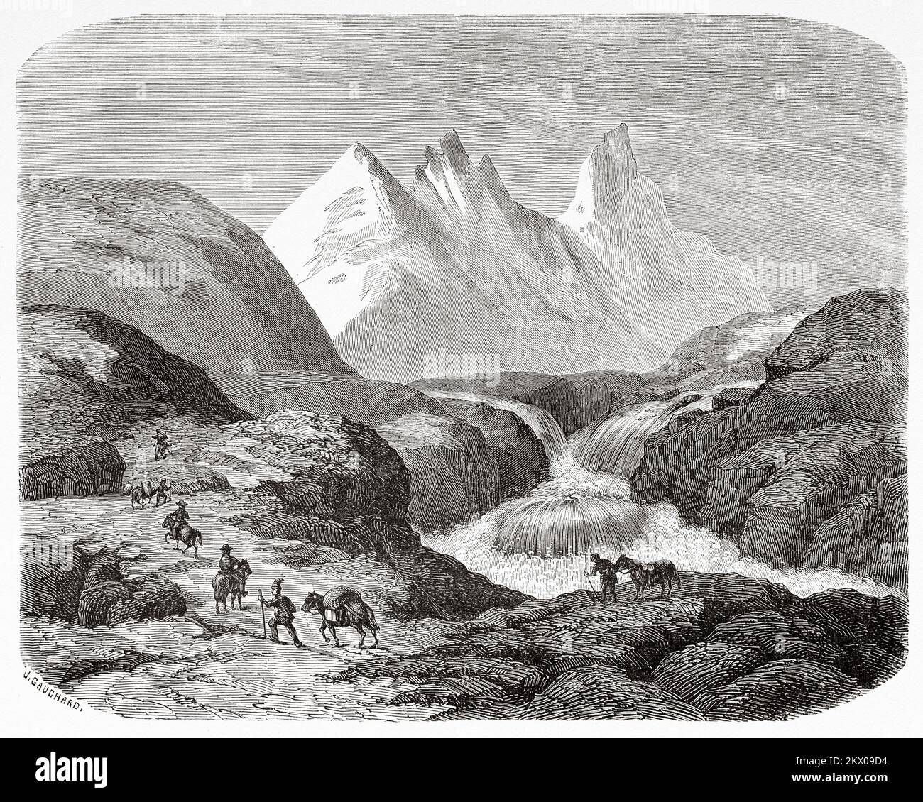 Montañas Horuntinderna, Noruega. Escandinavia, Norte de Europa. Viajes en los Estados escandinavos por Saint-Blaise 1856 Foto de stock