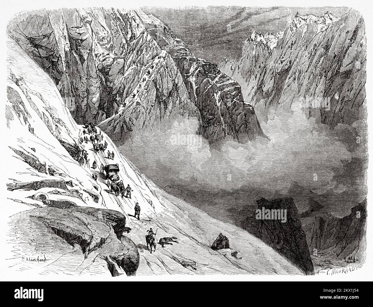 Carretera dura de viajeros entre las altas montañas nevadas en la dolina Certova, Cáucaso ruso. Viaje de Tiflis en Stavropol a la garganta de Dariali, 1858 por Blanchard Foto de stock