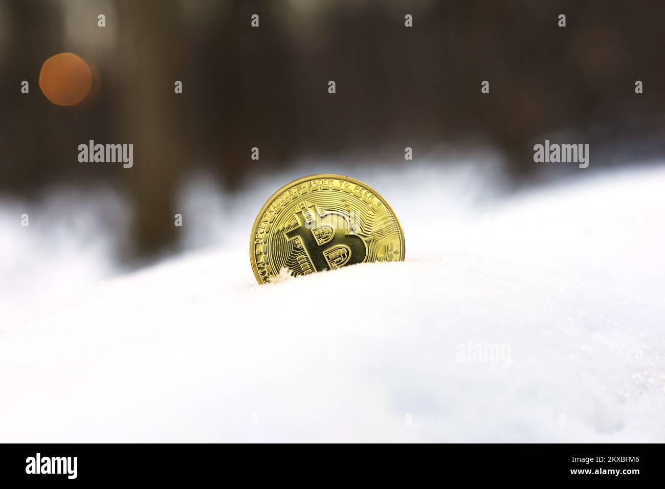 Bitcoin en una deriva de nieve en el bosque de invierno. Dinero electrónico descentralizado, tasa de criptomoneda en caída o congelada Foto de stock