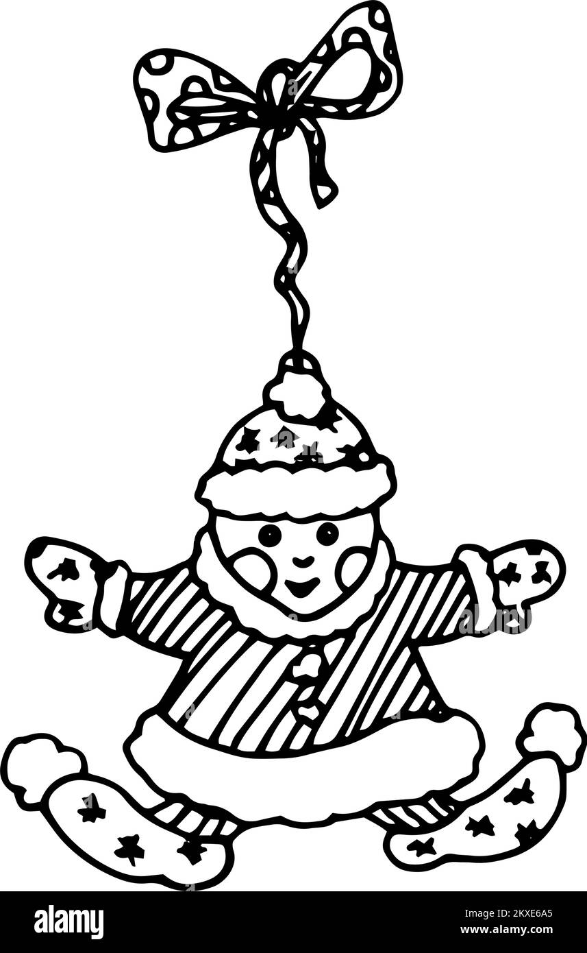 Ilustración del icono del garabato de Navidad artístico. Chica de pan de jengibre. Tarjeta navideña con diseño vintage de año nuevo o invitación en blanco Ilustración del Vector