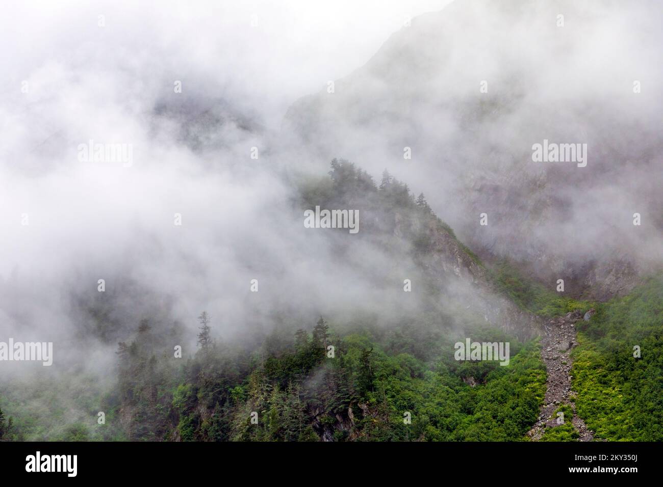 Tiempo nublado con niebla; Valdez Arm; Prince William Sound; Alaska; EE.UU Foto de stock