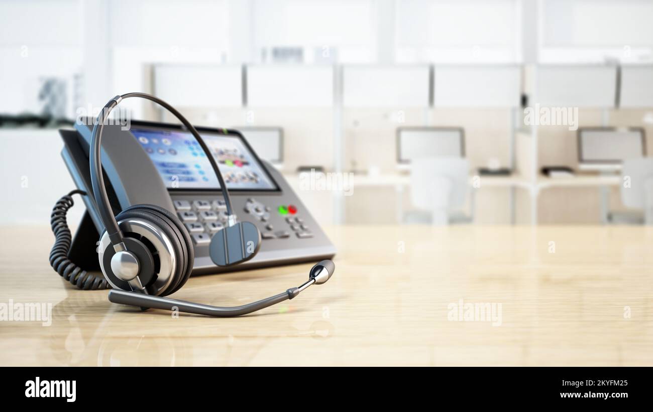 Moderno teléfono VoIP y auricular sobre una mesa de madera para oficinas. Concepto de centro de llamadas, marketing y asistencia técnica. Ilustración 3D. Foto de stock