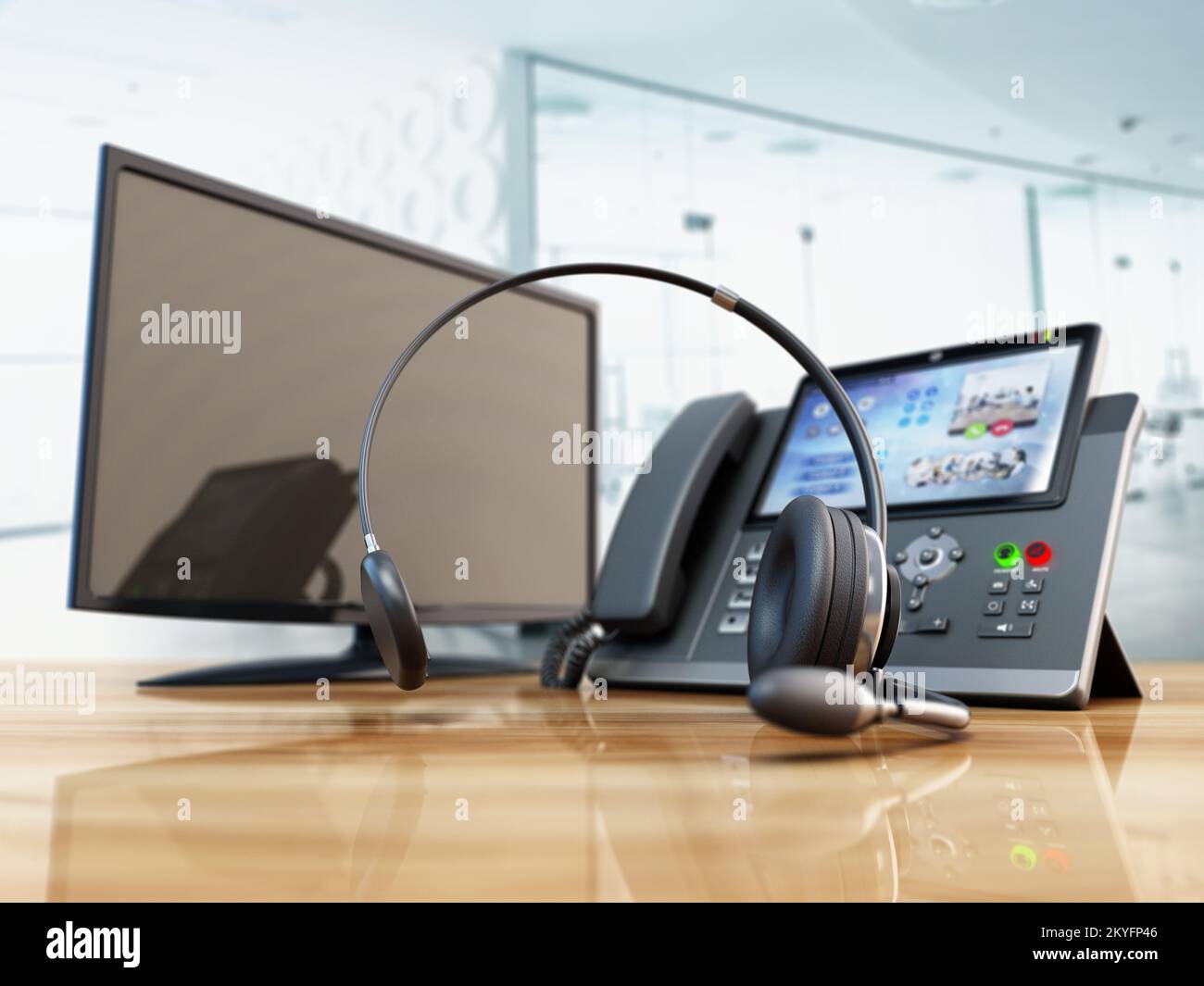 Moderno teléfono VoIP y auricular sobre una mesa de madera para oficinas. Concepto de centro de llamadas, marketing y asistencia técnica. Ilustración 3D. Foto de stock