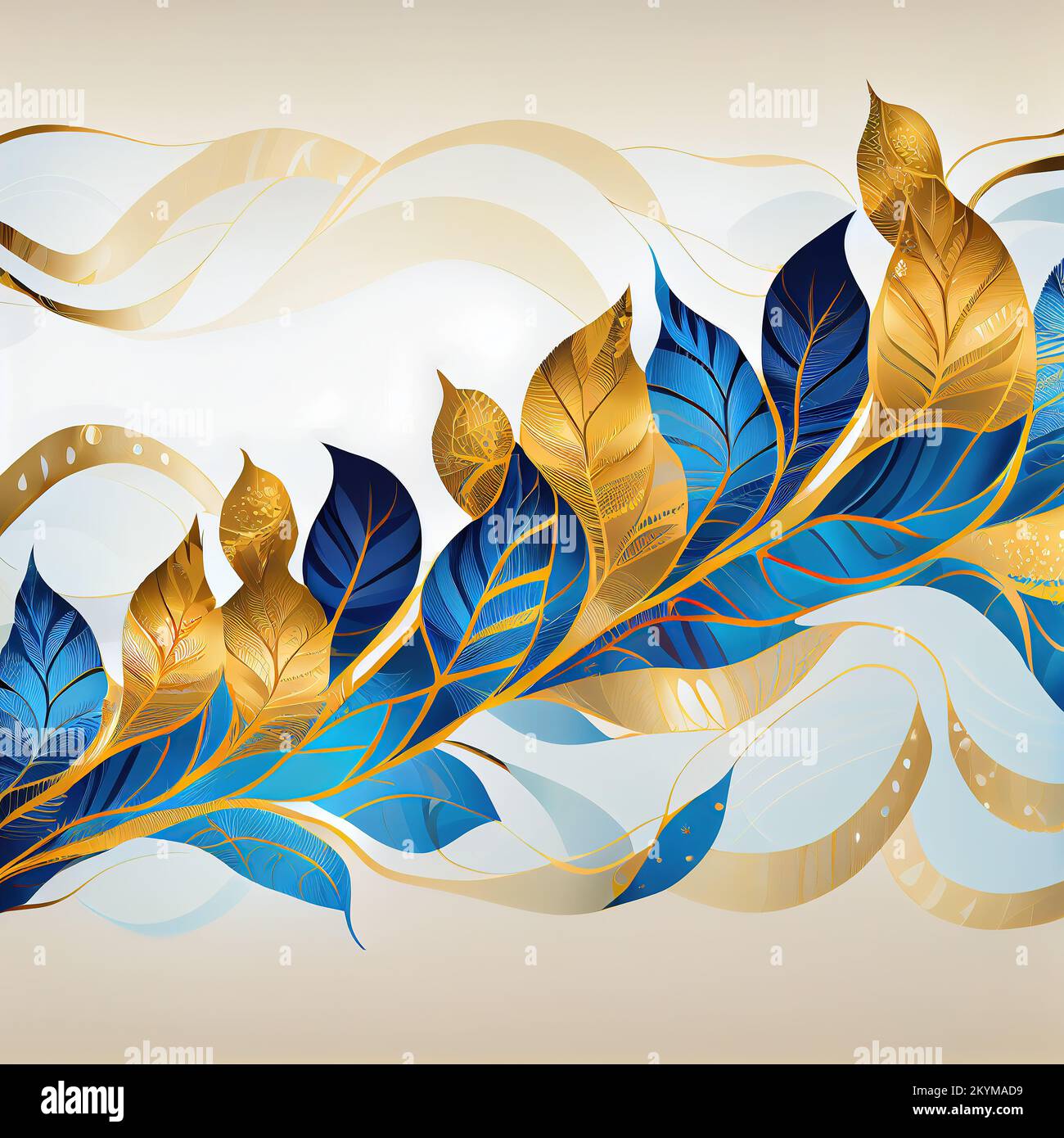 Un patrón de hojas azules y doradas. Ilustración generada digitalmente Foto de stock