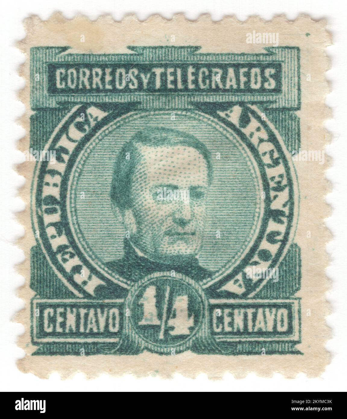 ARGENTINA - 1890: Sello de franqueo verde de ¼ centavos que representa el retrato del General de Brigada José María Paz y Haedo. Fue una figura militar argentina, notable en la Guerra de Independencia y en las Guerras Civiles argentinas. En sus Memorias, Paz cuenta su asombro al ver a los propietarios de granjas peleando y declarando la guerra contra el gobierno central, y la población que los apoya. A diferencia de la provincia de Buenos Aires, influenciada por los ideales de la Revolución Francesa, en las provincias interiores persistió una estructura colonial, aunque basada en caudillos Foto de stock