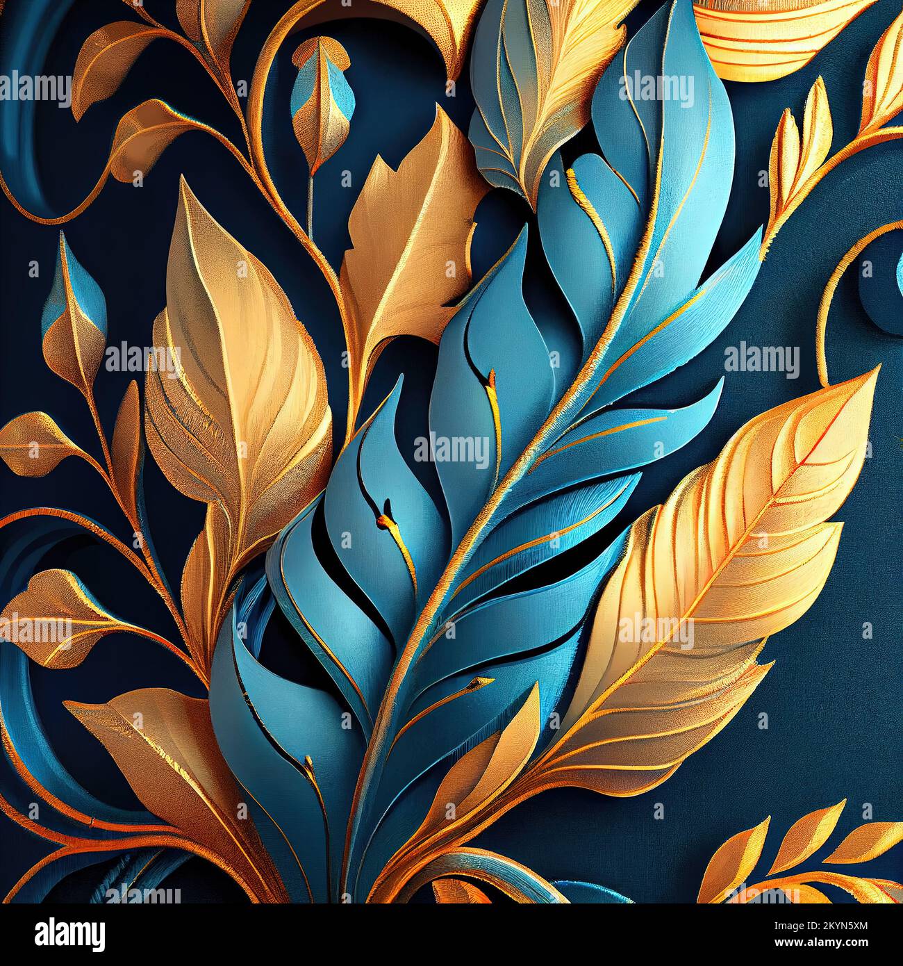 Decoración art deco generada digitalmente en azul y dorado. Hojas. Foto de stock