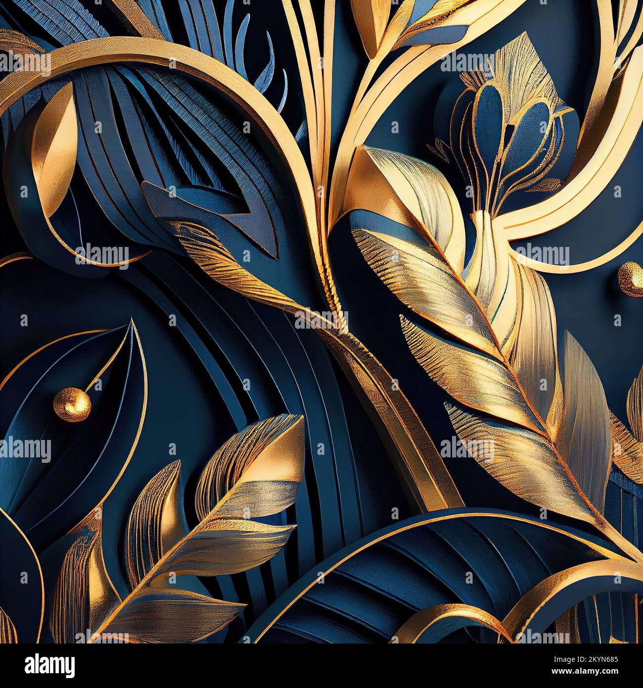 Decoración art deco generada digitalmente en azul y dorado. Hojas. Foto de stock
