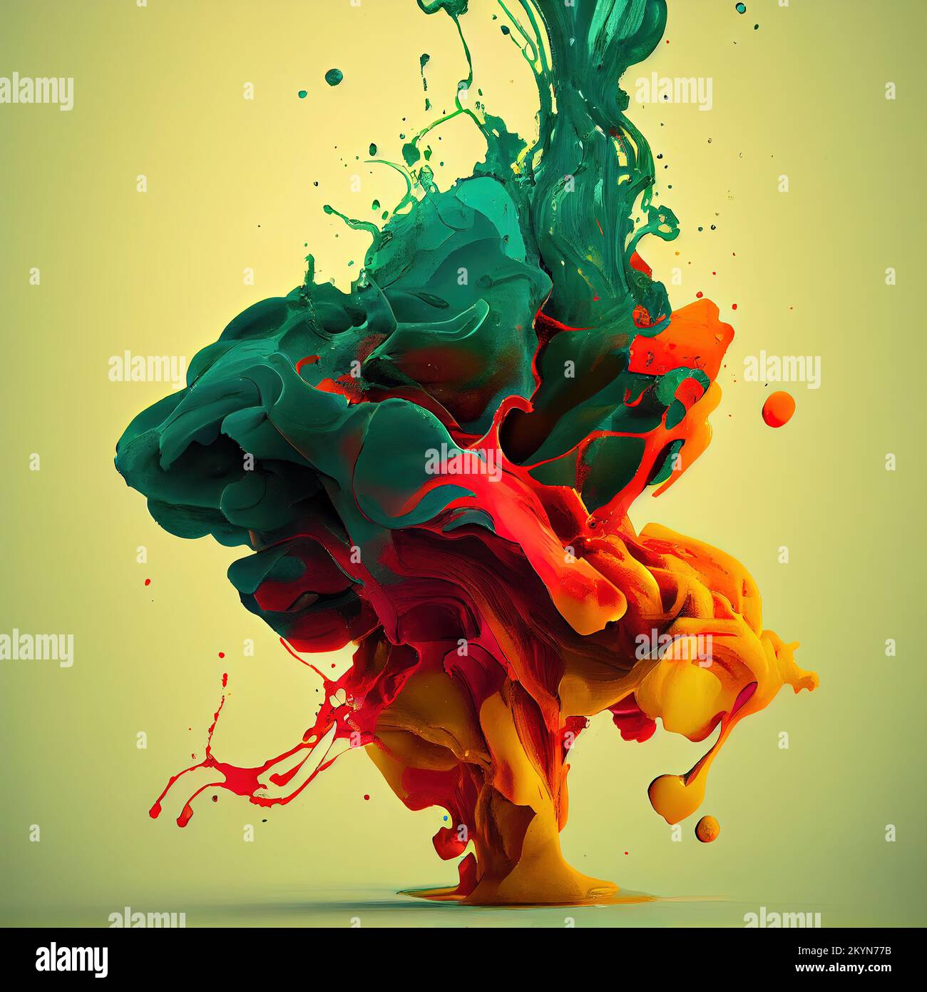 Concepto de caos. Ilustración de tinta en agua de colores amarillo, naranja y verde sobre un fondo verde sin costuras. Foto de stock