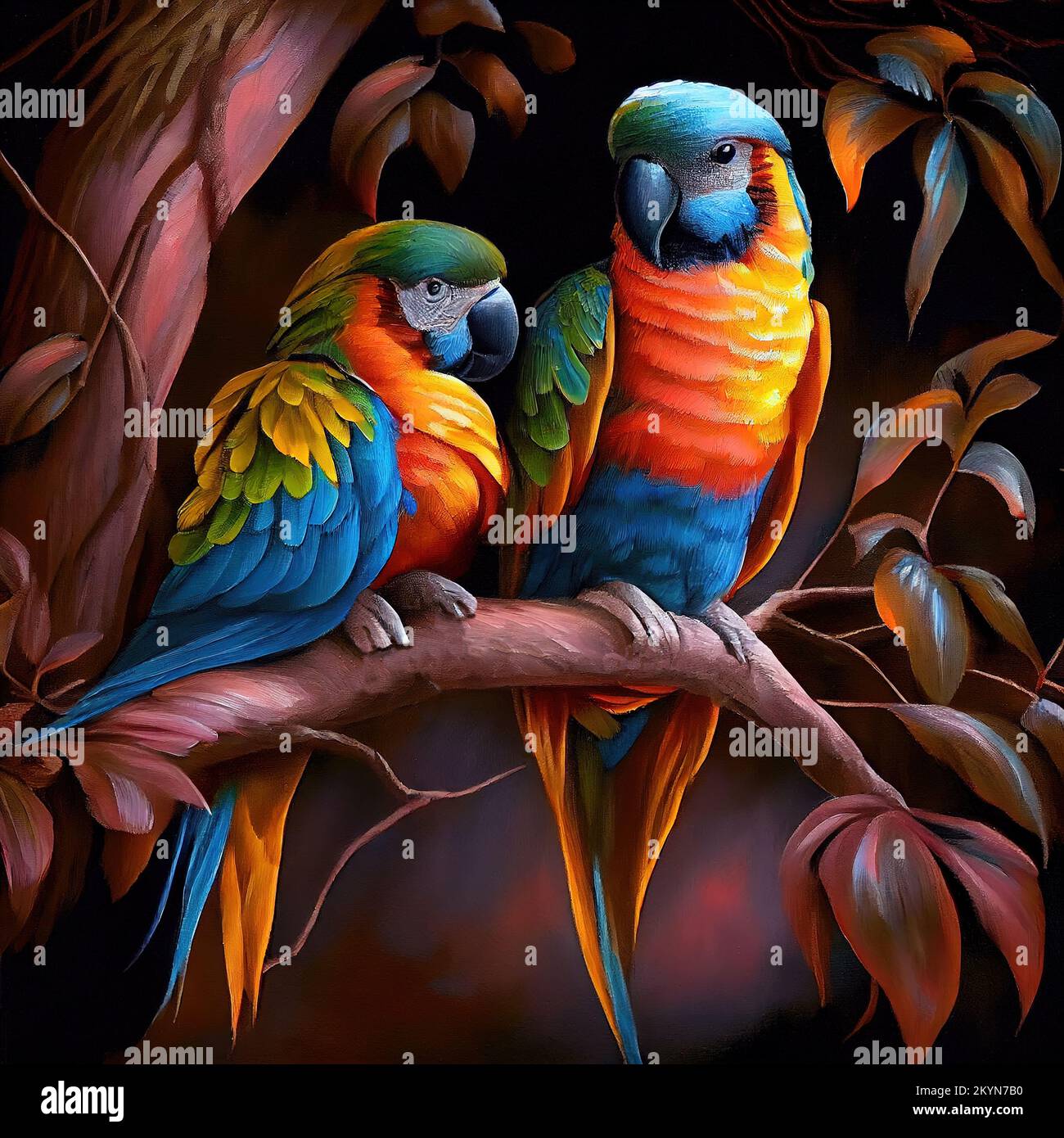 Una pintura digitálica generada de dos loros de colores sentados en una rama de árbol Foto de stock