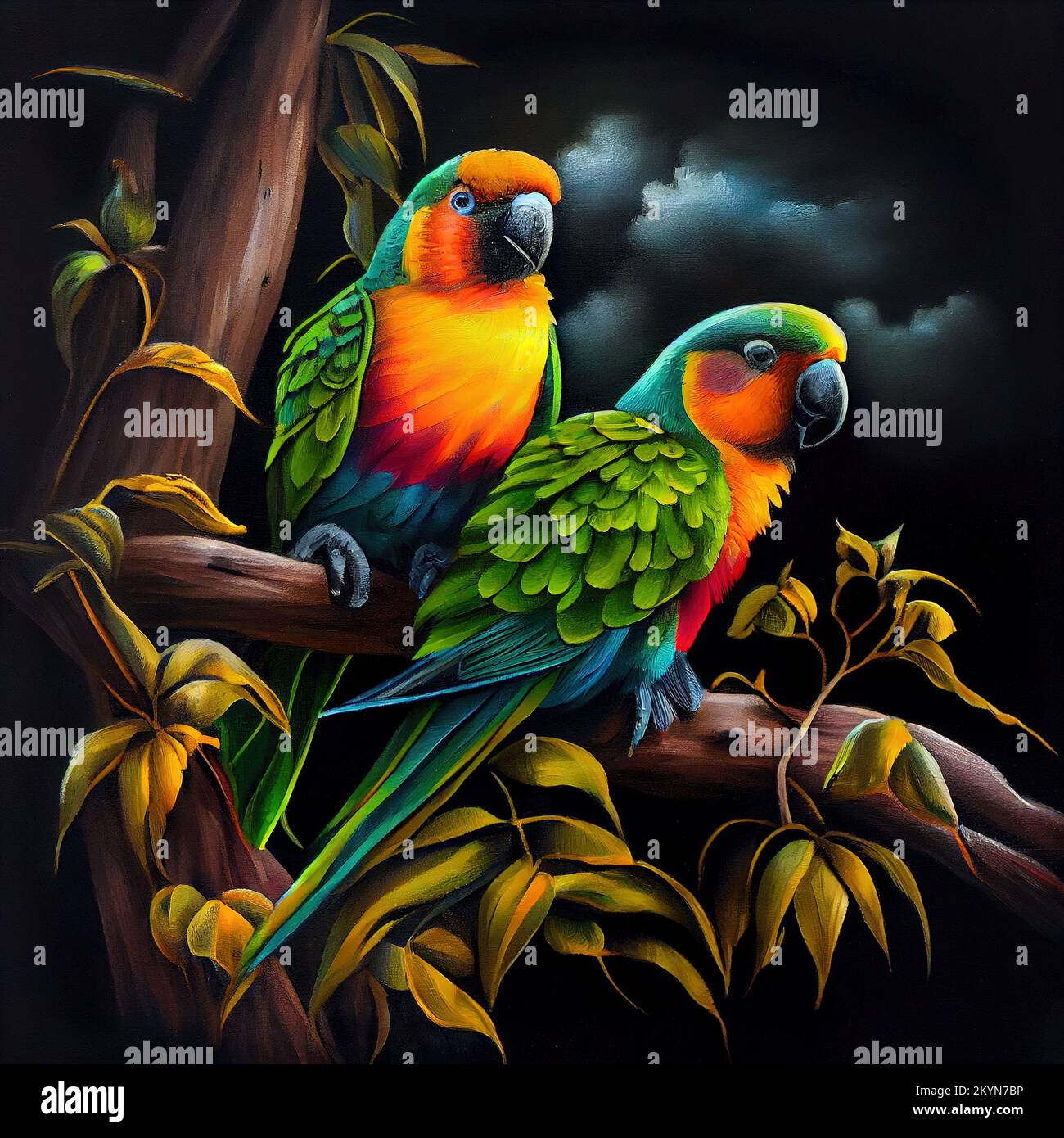Una pintura digitálica generada de dos loros de colores sentados en una rama de árbol Foto de stock