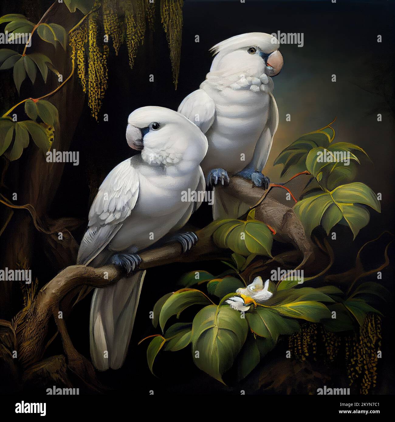 Una pintura digitálica generada de dos loros blancos sentados en una rama de árbol Foto de stock