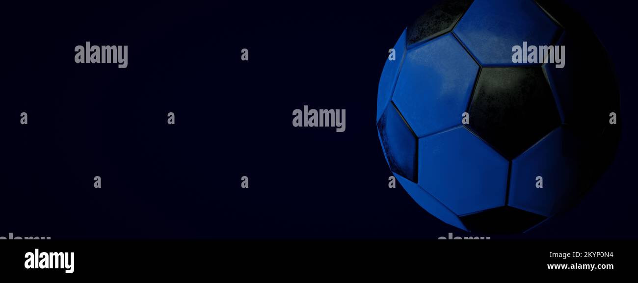 Balón de fútbol sobre fondo oscuro, render 3D, diseño panorámico Foto de stock