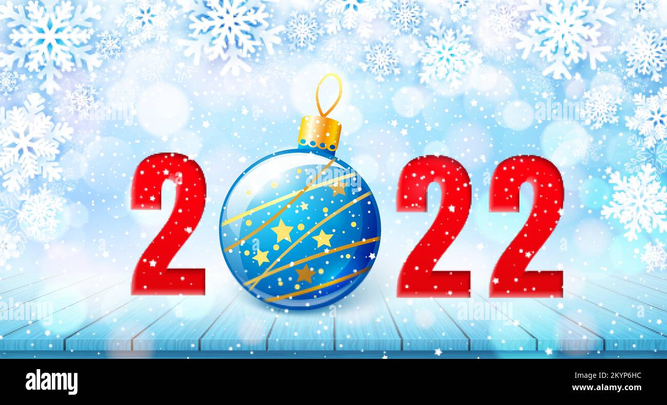 Banner Feliz Navidad y Feliz Año Nuevo 2022. Ilustración de vector de vacaciones con copos de nieve de papel de fondo, número rojo y bola de navidad en madera Ilustración del Vector