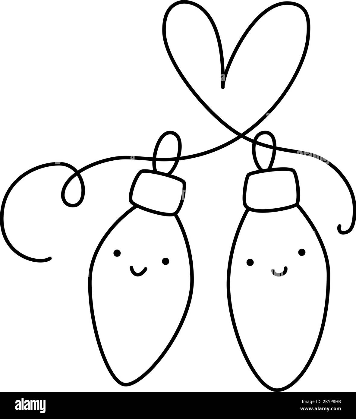 Mano línea dibujado dos lindo amante de pelotas guirnalda de juguete par para el árbol y el corazón. Feliz Navidad y Feliz Año Nuevo ilustración aislada para el Ilustración del Vector