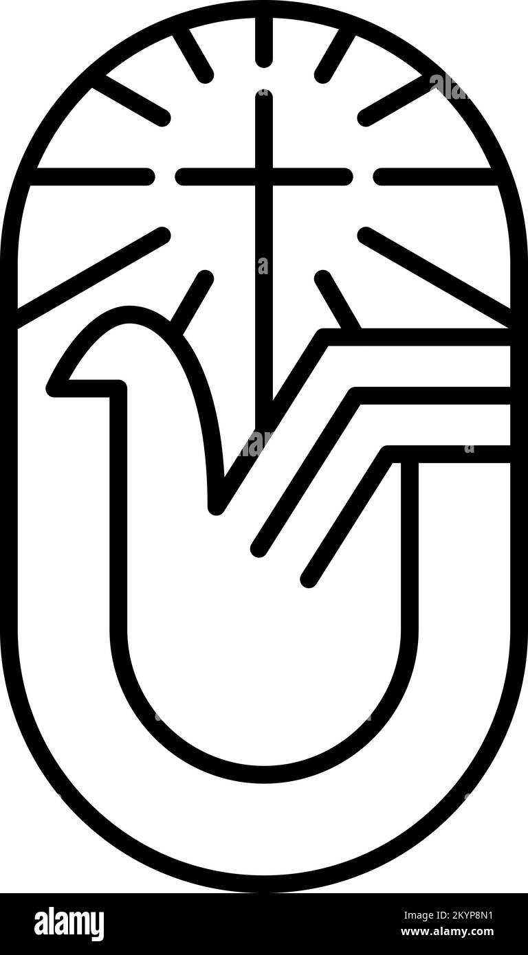 La cruz de la línea de la religión con los rayos y la paloma. Símbolo del Espíritu Santo. Vector Logo religión icono de la iglesia Ilustración aislado. Jesucristo en el Calvario lo es Ilustración del Vector