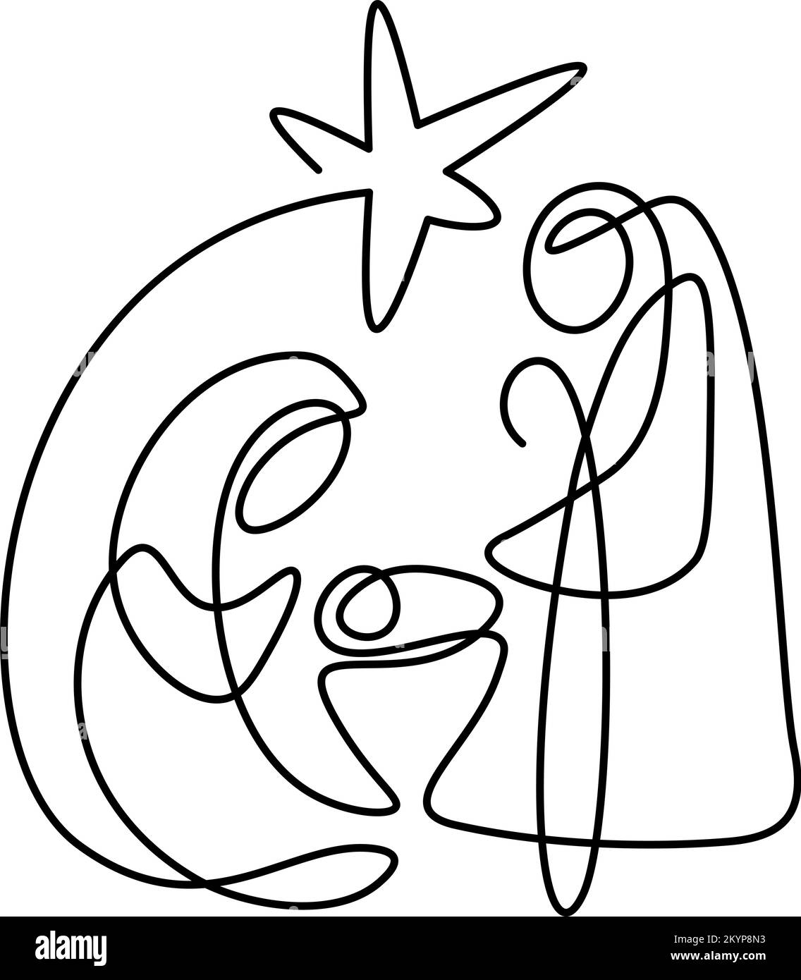 Vector de Navidad Icono Cristiano Natividad Religiosa Escena del bebé Jesús con María José y la estrella. Diseño continuo de dibujo, impresión y logotipo Ilustración del Vector