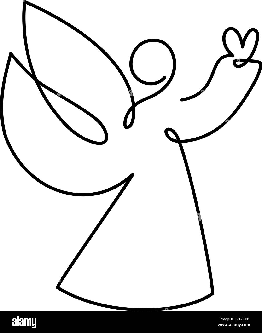 Ángel de Navidad vectorial simple con corazón, dibujo continuo de una línea, estampado para ropa y diseño de logotipo, emblema o silueta de una sola línea Ilustración del Vector