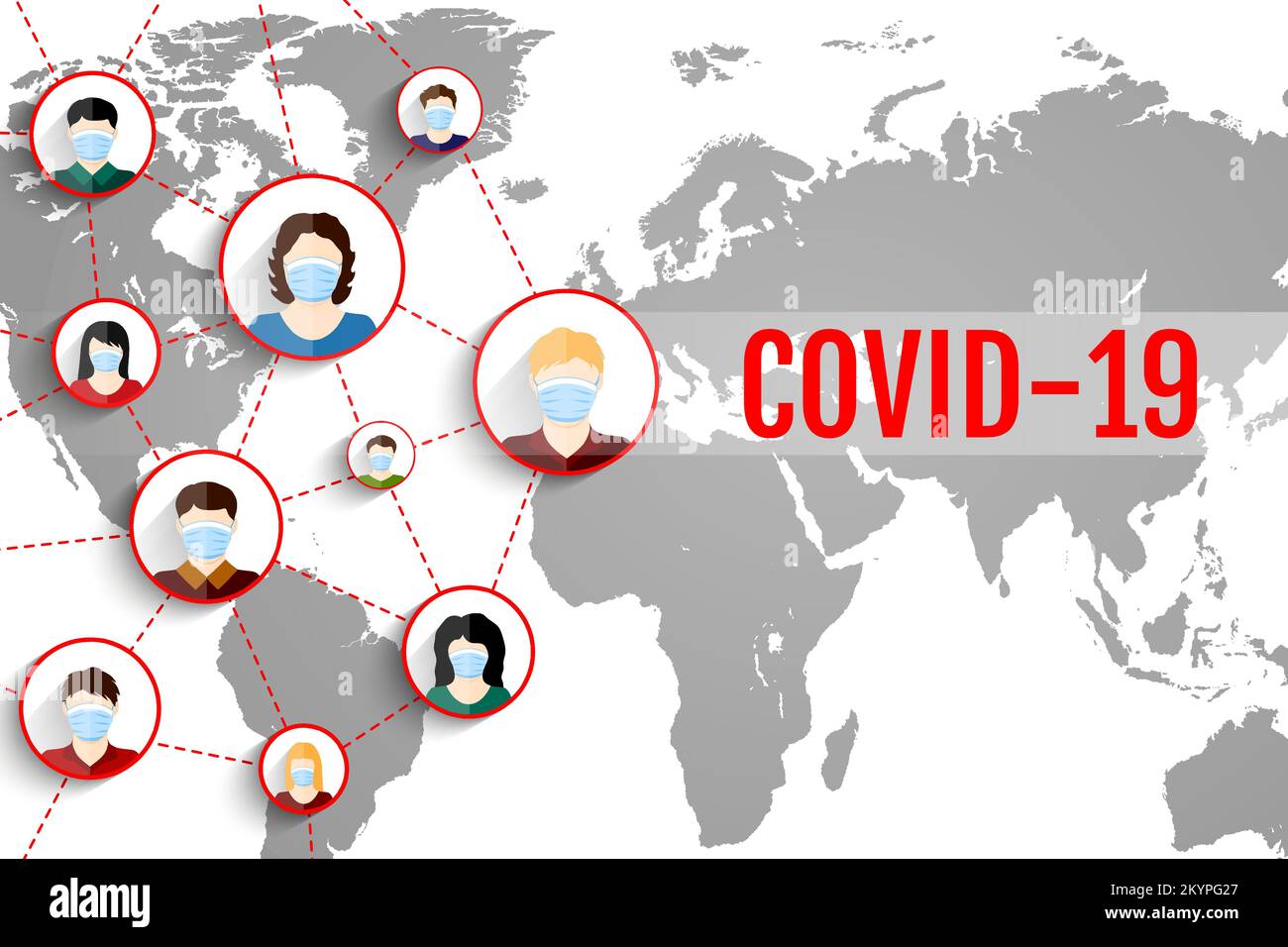 Personas en respiradores en el fondo del mapa del mundo. Concepto CORONAVIR COVID-19. Ilustración vectorial Ilustración del Vector