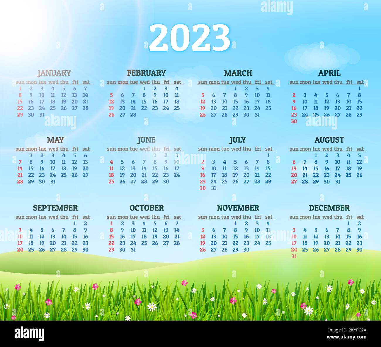 Calendario para 2023 con hierba verde fresca y flores de fondo. Ilustración vectorial Ilustración del Vector