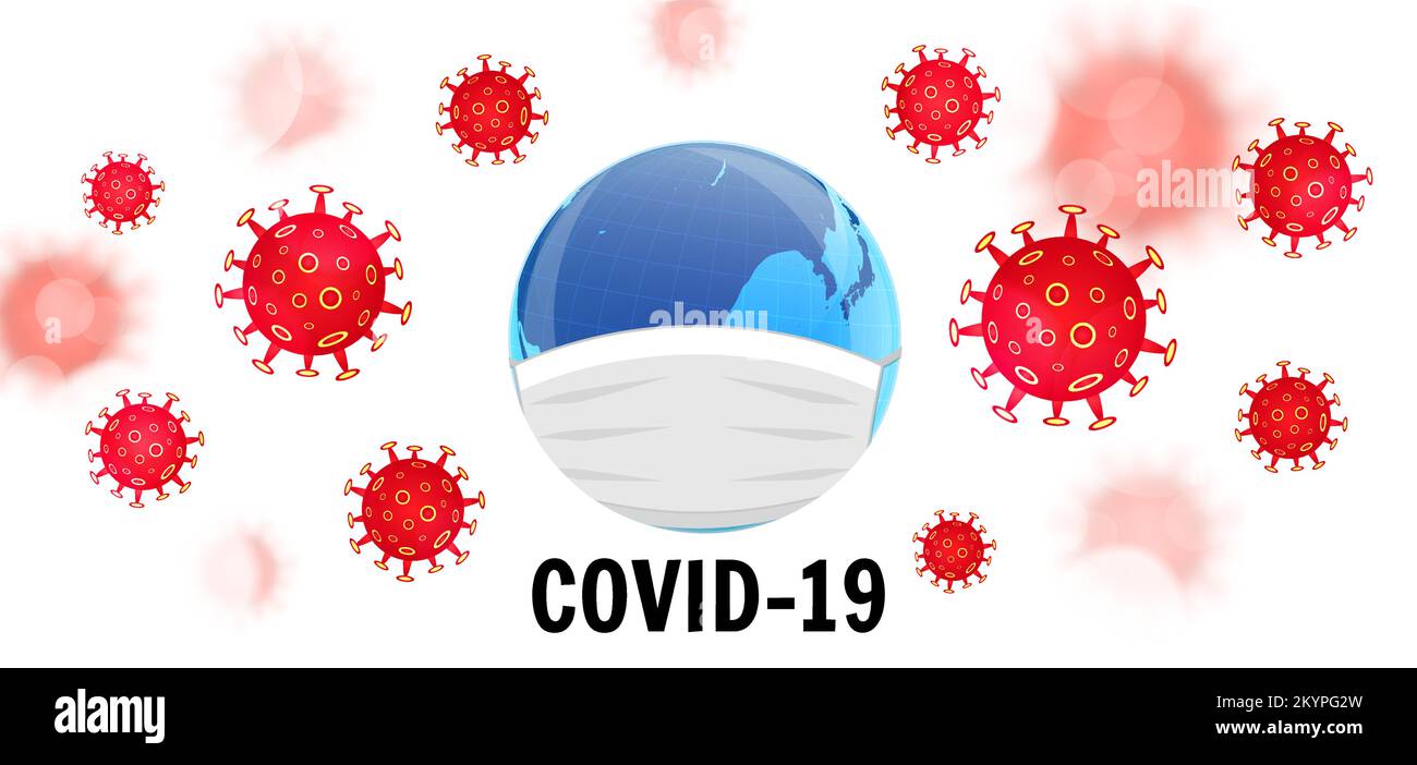 Concepto CORONAVIR COVID-19. La Tierra en una máscara médica. Peligroso brote de coronavirus nCoV. Concepto médico pandémico con células peligrosas. Vector illu Ilustración del Vector