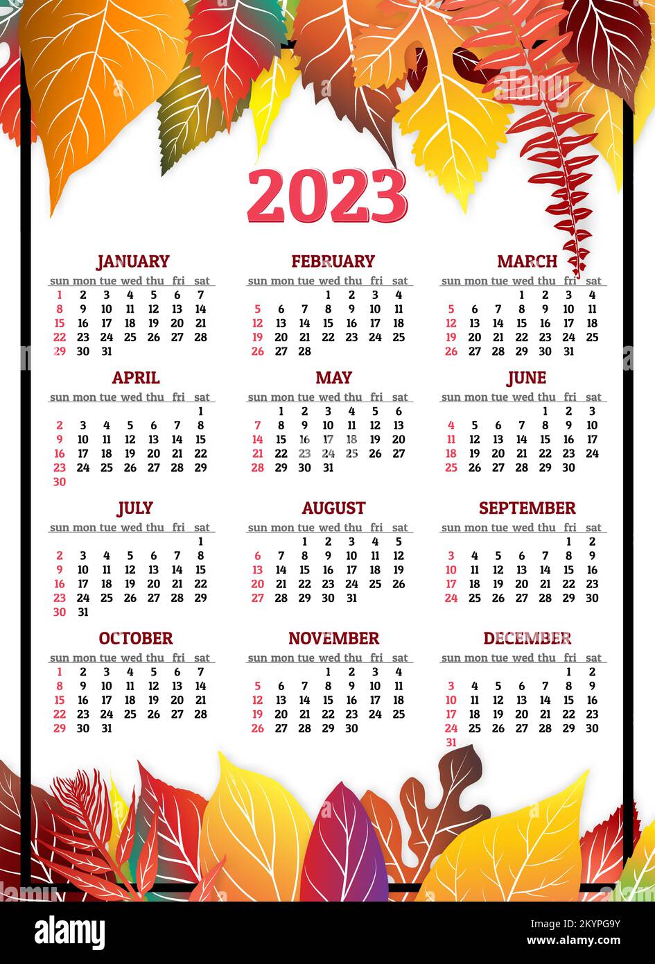 Calendario para 2023 año con colorido vector hojas de otoño Ilustración del Vector