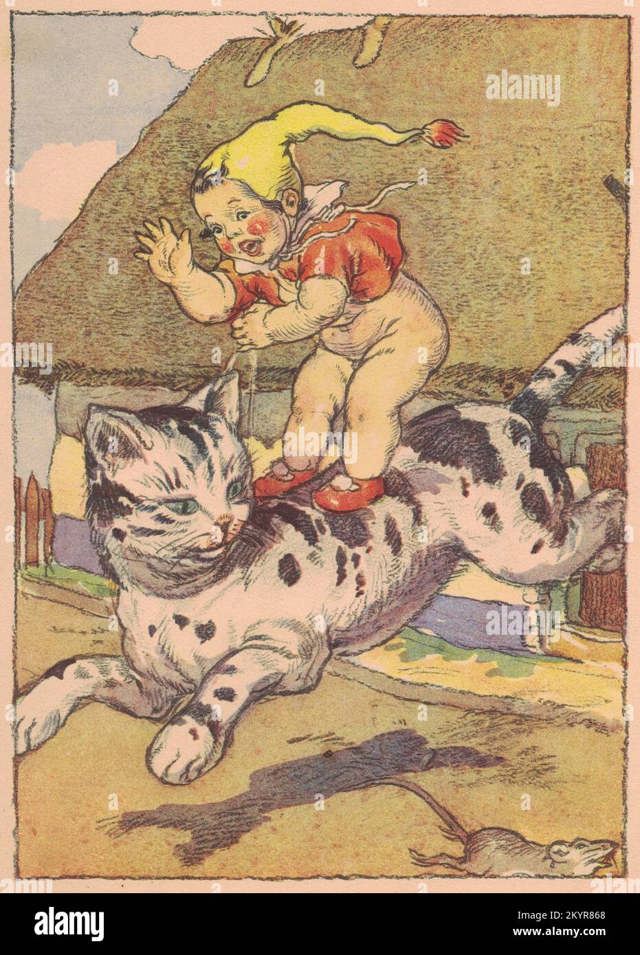La colorida ilustración vintage muestra a un pequeño niño de cuento de hadas  en un gato. La ilustración vintage muestra los pequeños paseos de gnomo de  cuento de hadas en el gato.